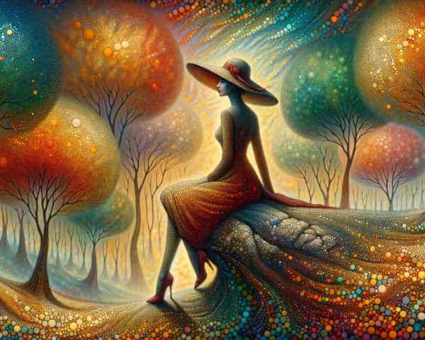 Serene figure in a colorful, whimsical landscape setting