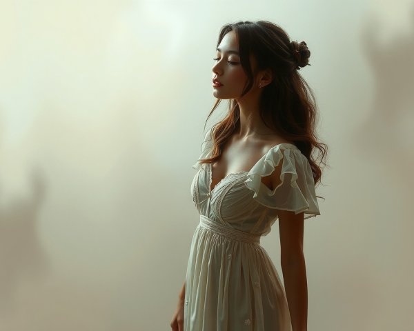 Young Woman in Ethereal Light with Flowing Dress
