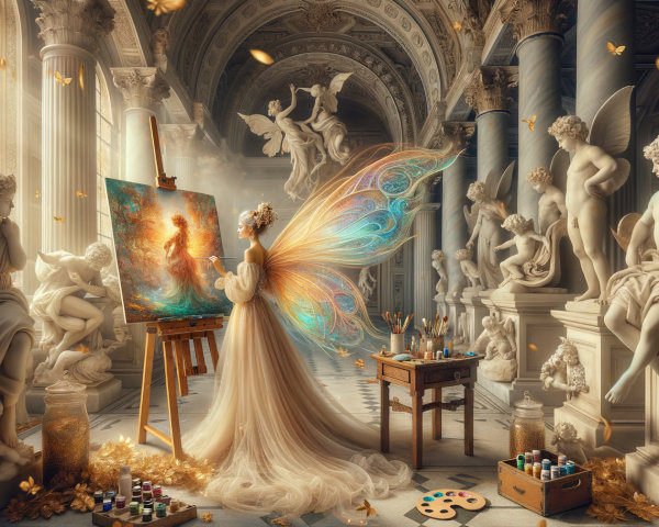Fairy Painting in a Marble Hall with Butterflies