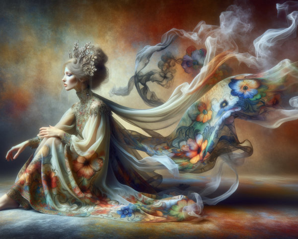 Elegant Figure in Flowing Floral Gown with Dreamlike Atmosphere