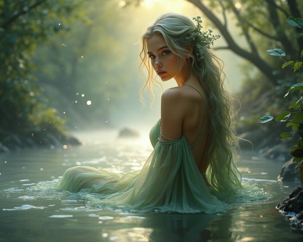 Young Woman in Green Gown in Mystical Forest Stream