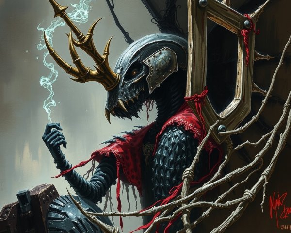 Armored Figure with Skeletal Face and Dark Cloak