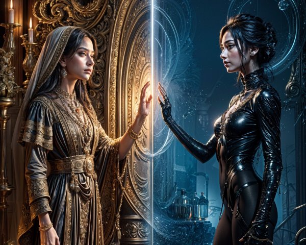 Mystical Portal with Queen and Futuristic Woman