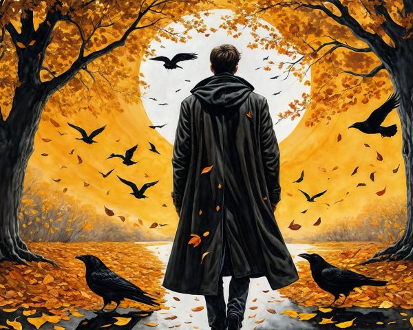 Solitary Figure on Autumn Path with Ravens and Trees