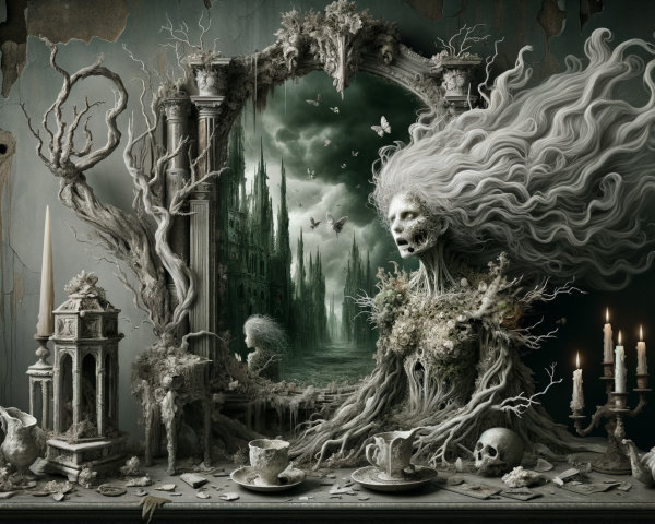 Skeletal Figure in Gothic Mirror with Dark Landscape