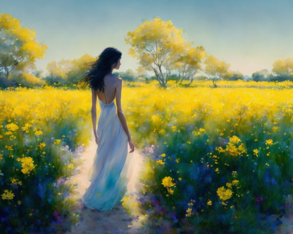 Digital Painting of Woman in Field of Yellow Flowers