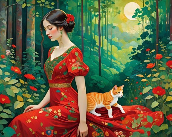 Woman in Floral Dress in Lush Forest with Cat