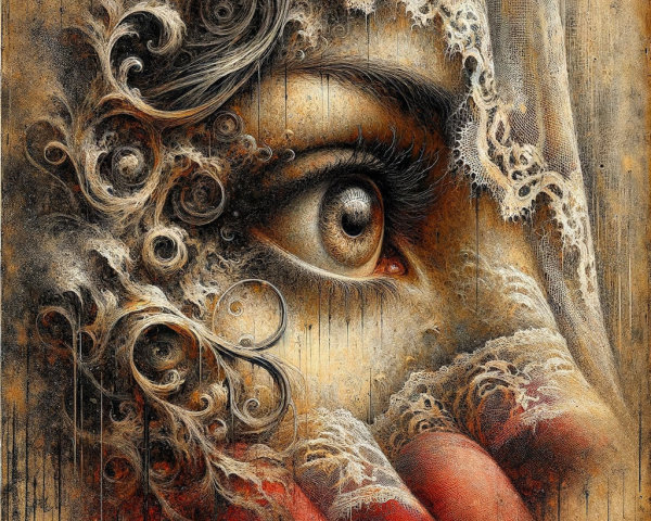 Close-up of a woman's eye with lace and patterns