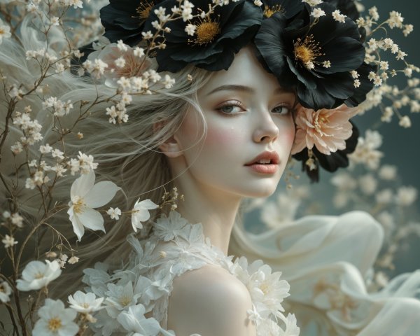 Young woman with floral crown in dreamy setting