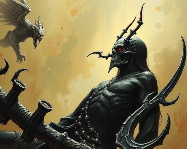 Dark Fantasy Character with Skull Mask and Trident