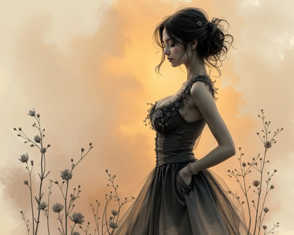 Young Woman in Dark Dress with Floral Details