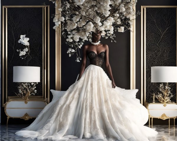 Elegant gown with ornate skirt and floral backdrop