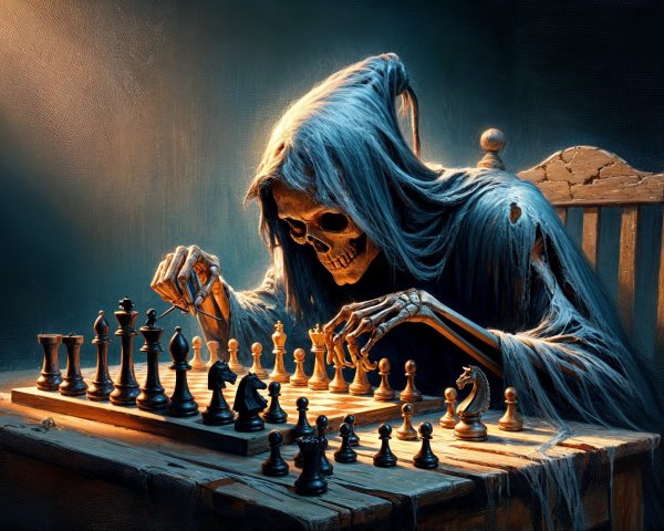 Skeletal Figure Playing Chess in Dimly Lit Setting