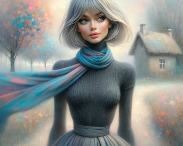 Whimsical Portrait of Young Woman in Pastel Landscape