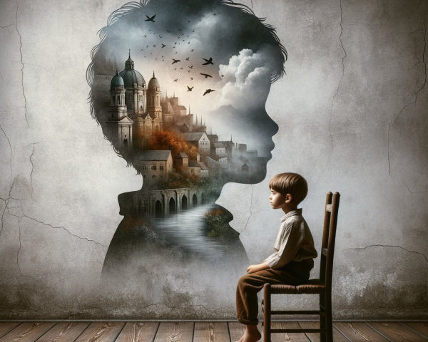 Young Boy Contemplating Before Dreamy Mural Scene