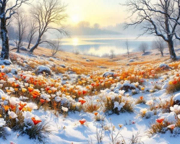 Serene Winter Landscape with Lake and Snow-Covered Ground