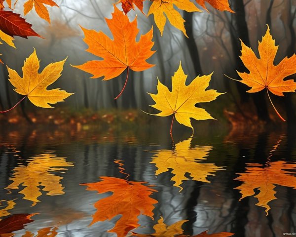 Autumn Scene with Maple Leaves and Reflective Water