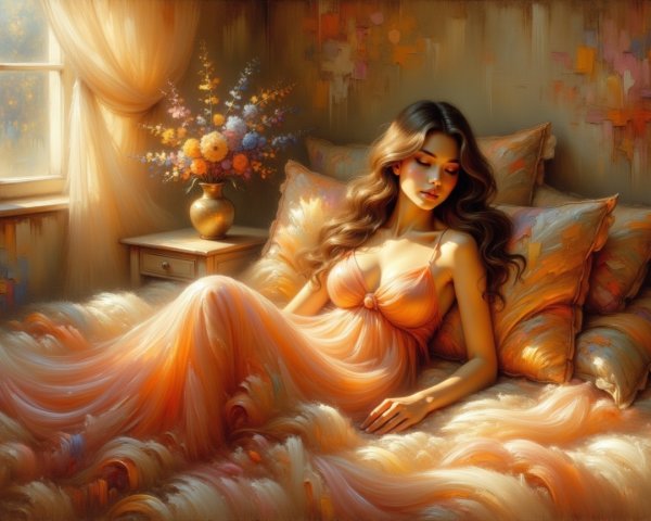 Serene Woman in Pastel Dress on Plush Bed Setting