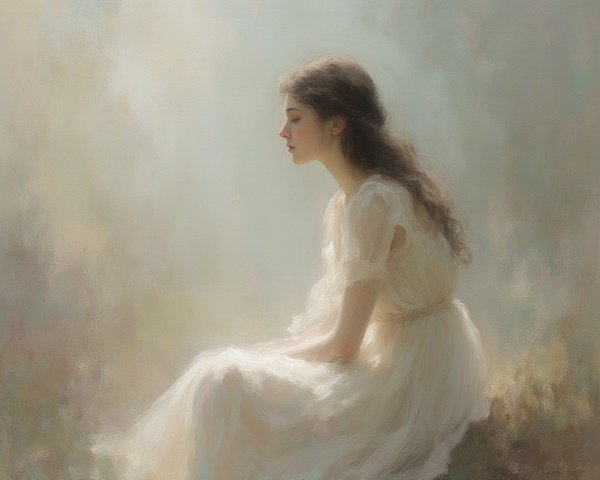 Serene Young Woman in Ethereal White Dress