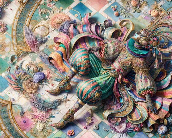 Vibrant Artwork of Fantastical Figure in Floral Patterns