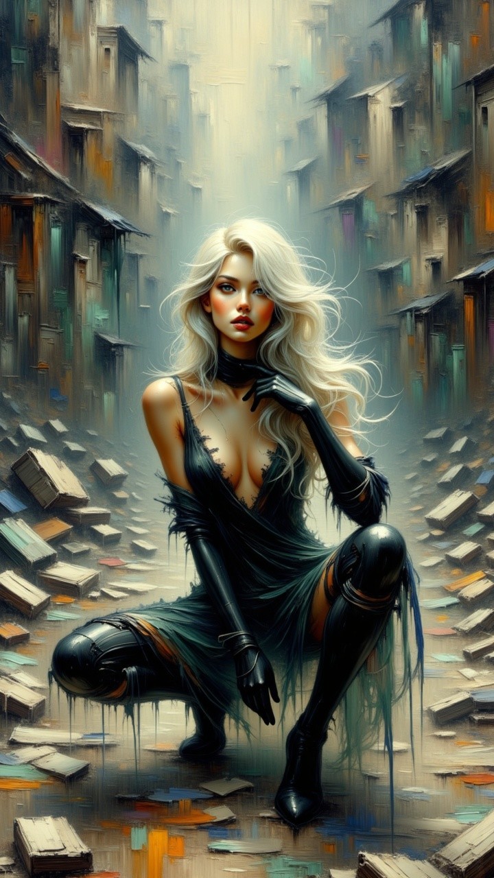 Kneeling Figure in Dark Outfit in Urban Landscape