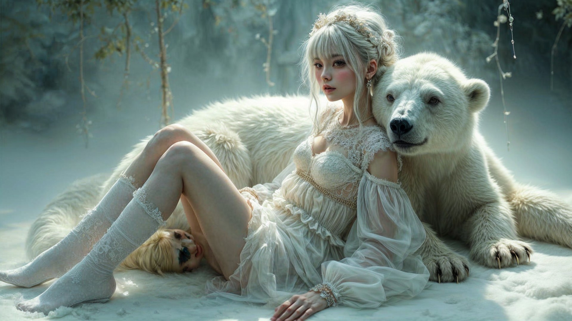 Young Woman with Polar Bear in Snowy Landscape