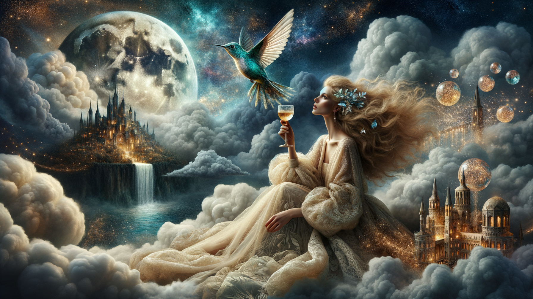 Ethereal Woman in Dreamlike Cloudy Landscape