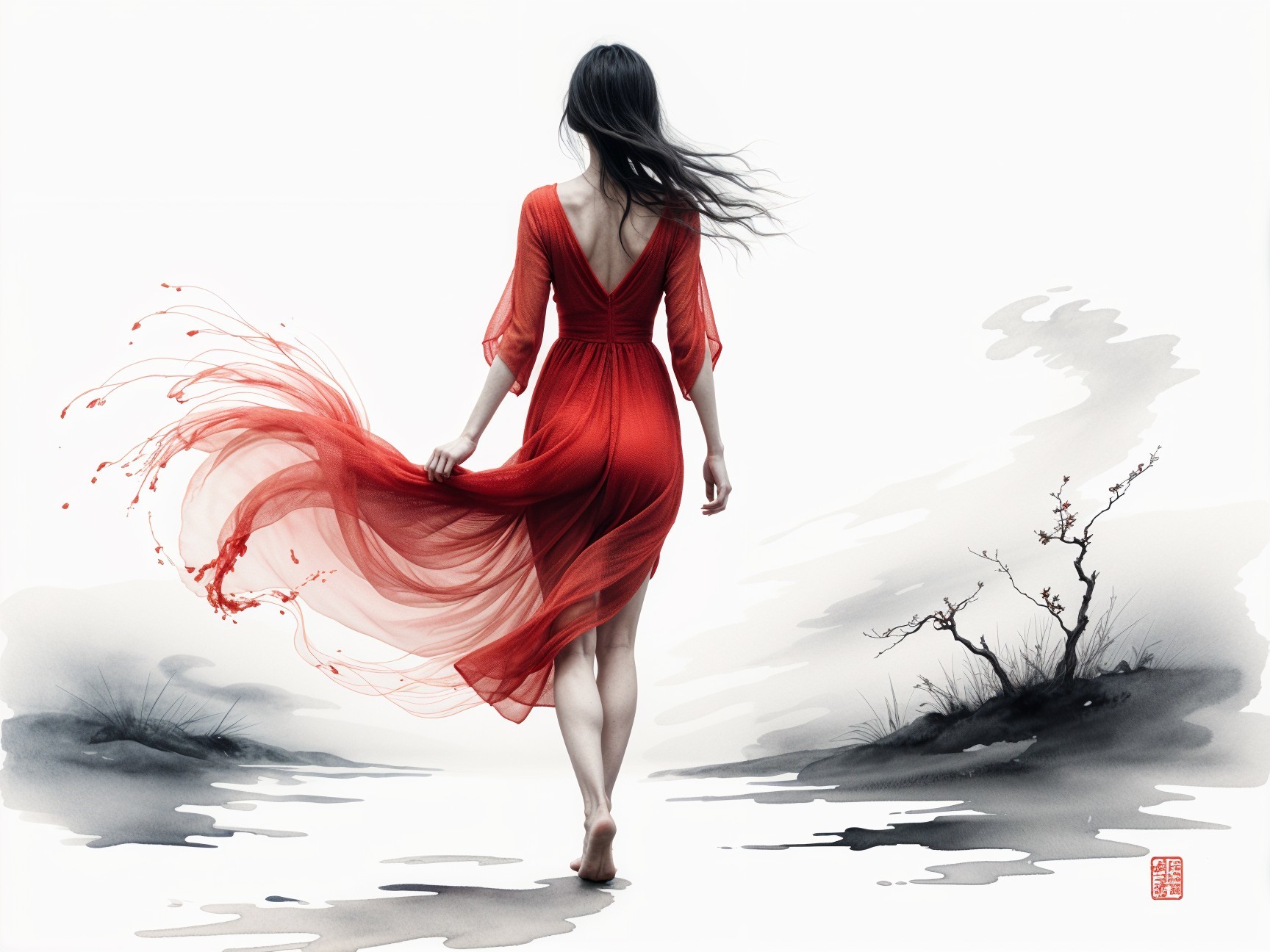 Woman in Red Dress Walking in Serene Landscape