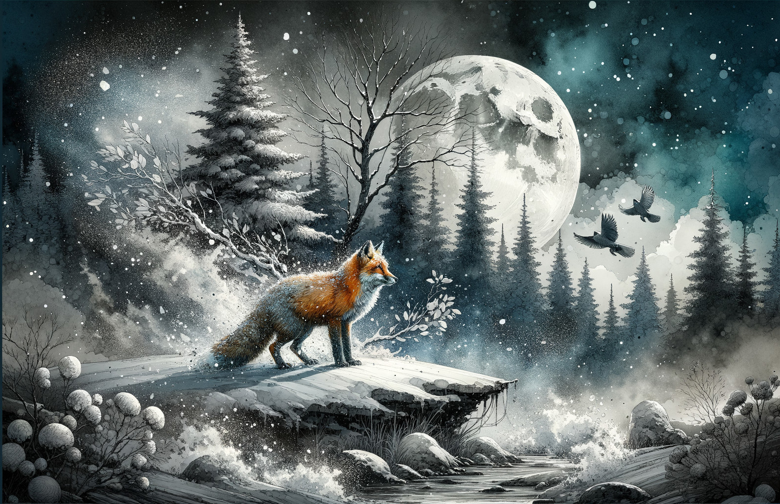 Fox on Rocky Outcrop in Snowy Moonlit Landscape with Pine Trees
