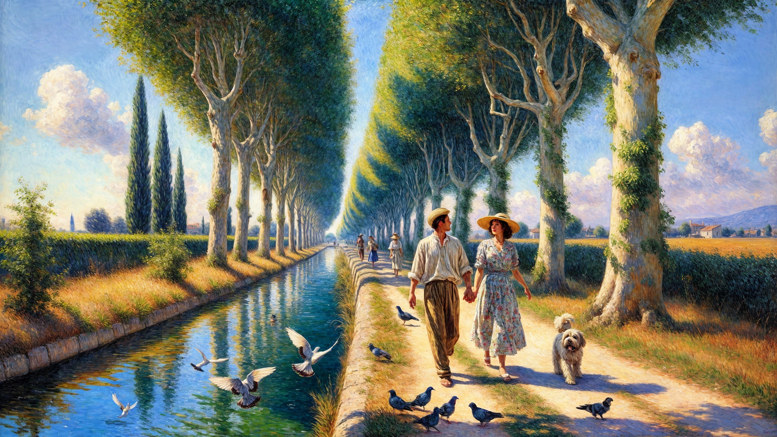 Couple Walking Along Tree-Lined Canal Pathway