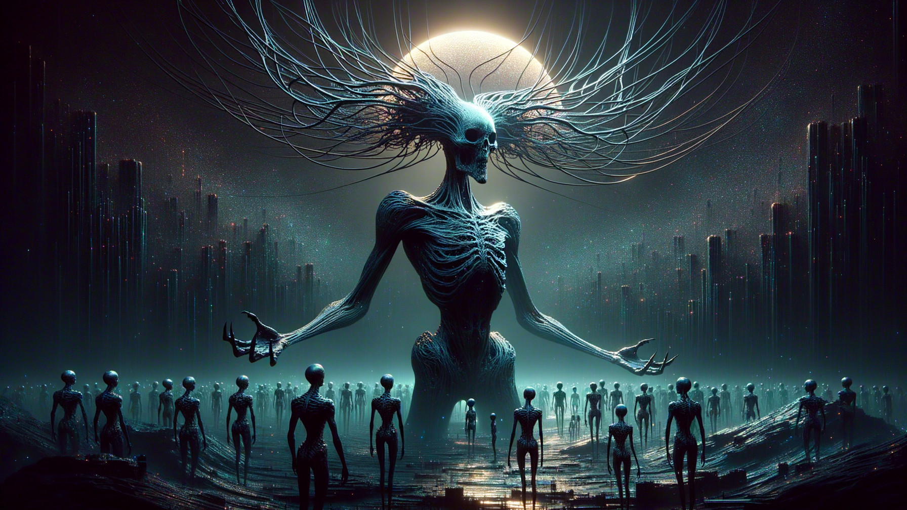 Surreal Landscape with Towering Skeletal Figure