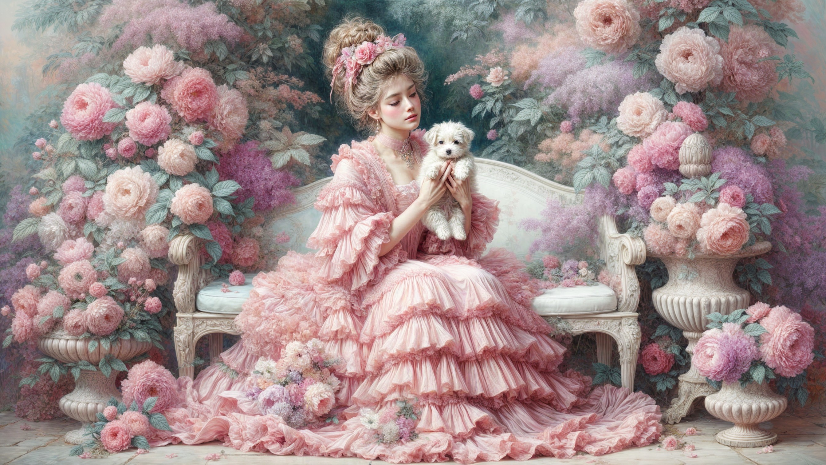 Young Woman in Pink Gown Surrounded by Flowers