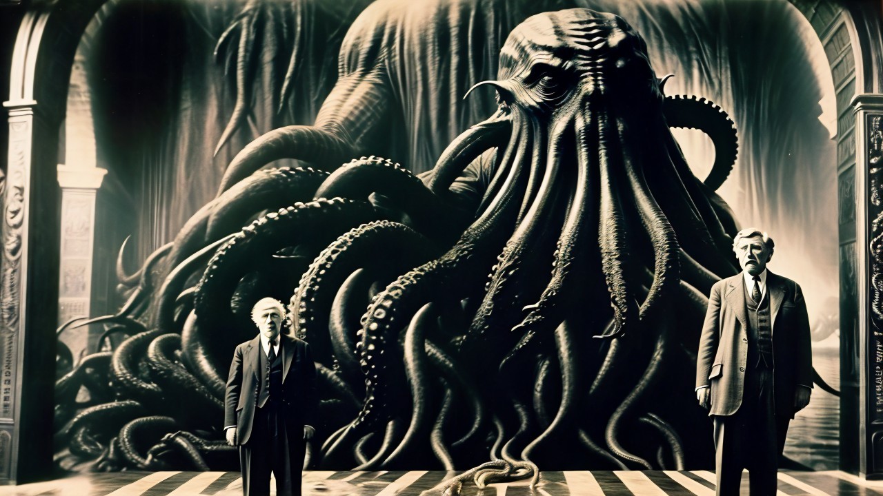 Men in Suits Confront Shadowy Octopus Creature