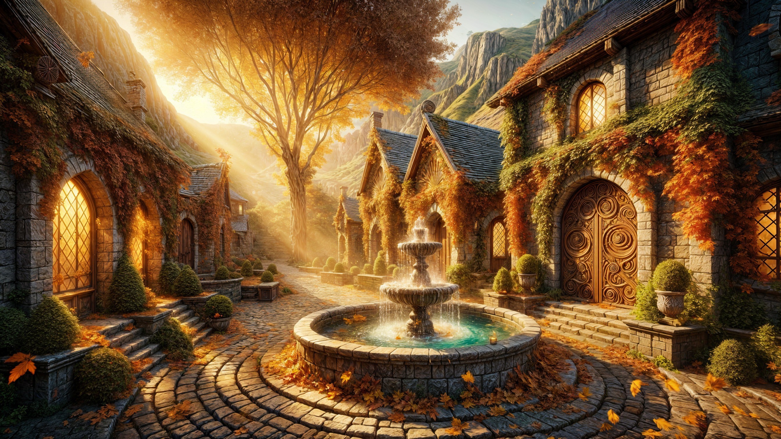 Picturesque Village Scene with Autumn Vibes and Mountains