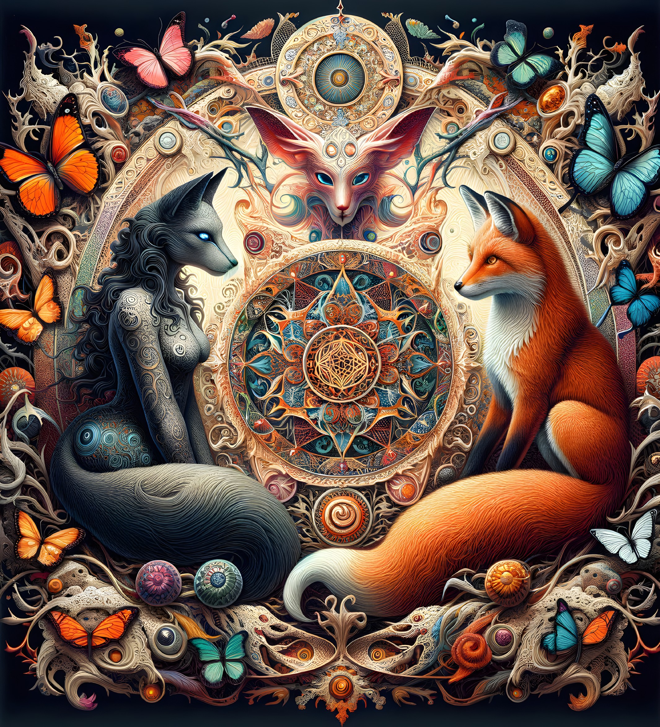 Colorful mystical illustration: Fox, cat, butterflies, mythical symbols in ornate scene