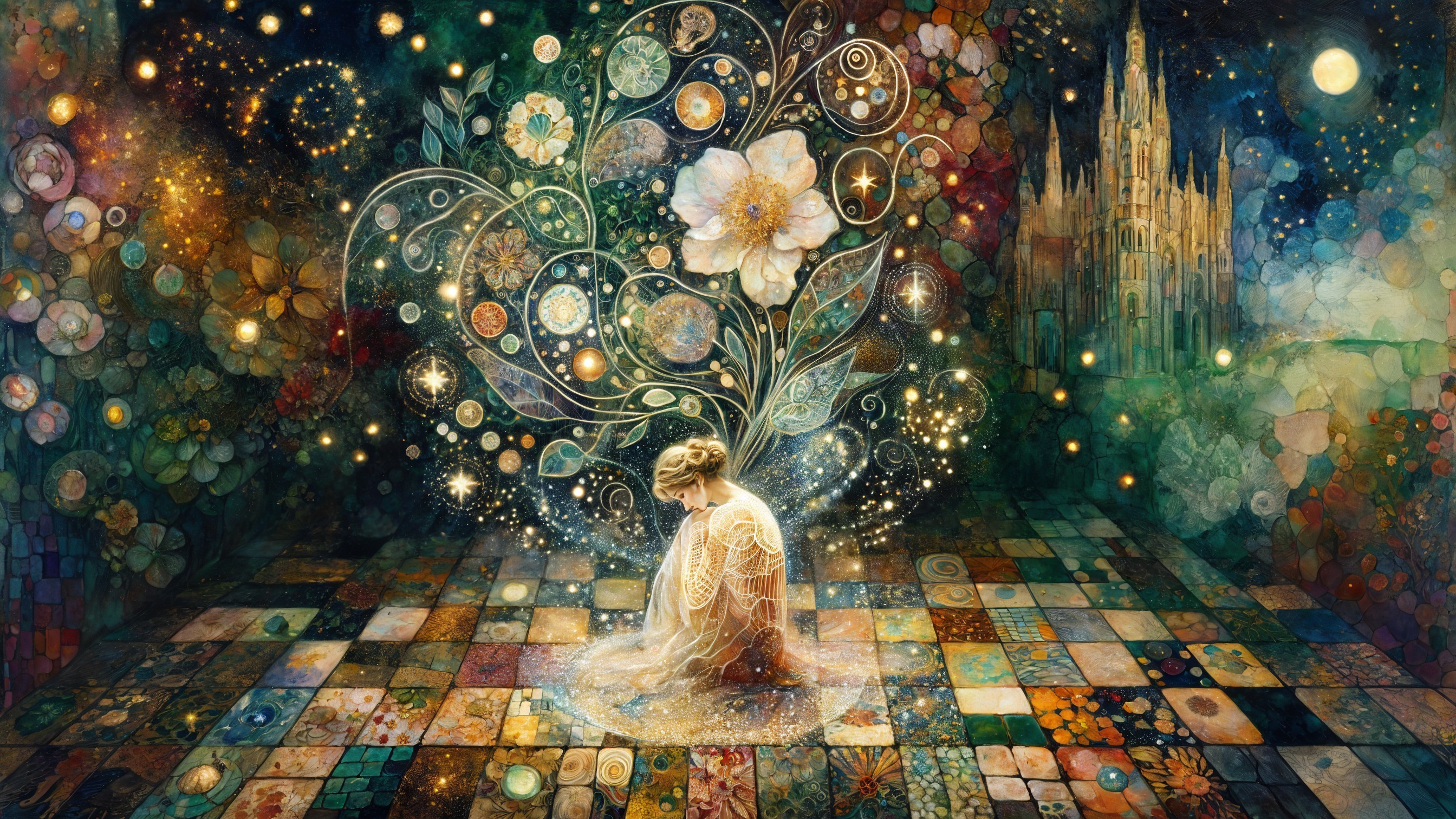 Kneeling Figure in Colorful Ethereal Setting