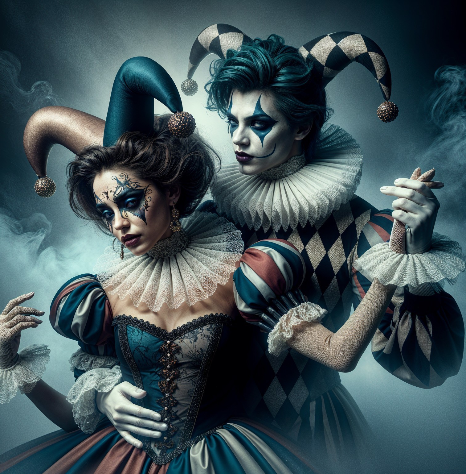Jester-Inspired Figures in Colorful Costumes and Makeup