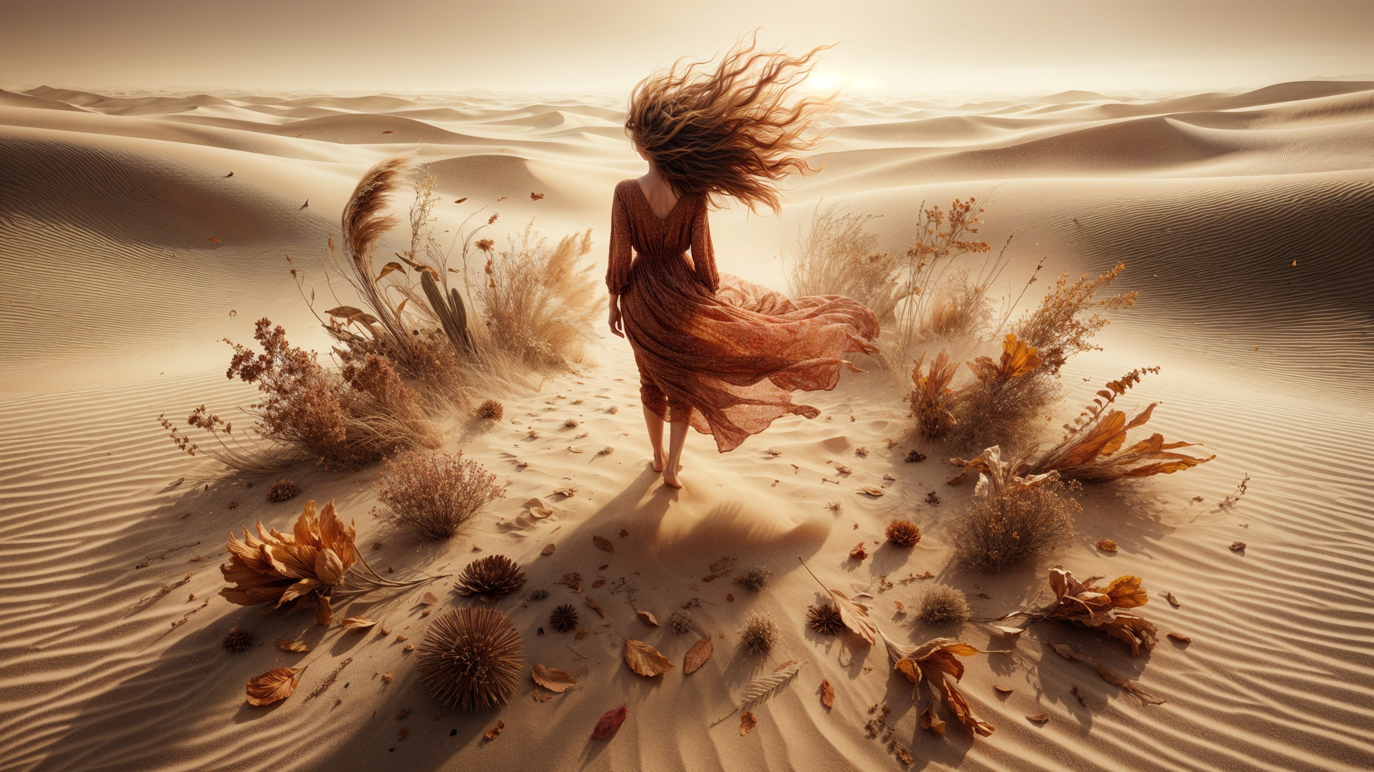 Woman in Rust Dress in Serene Desert Landscape
