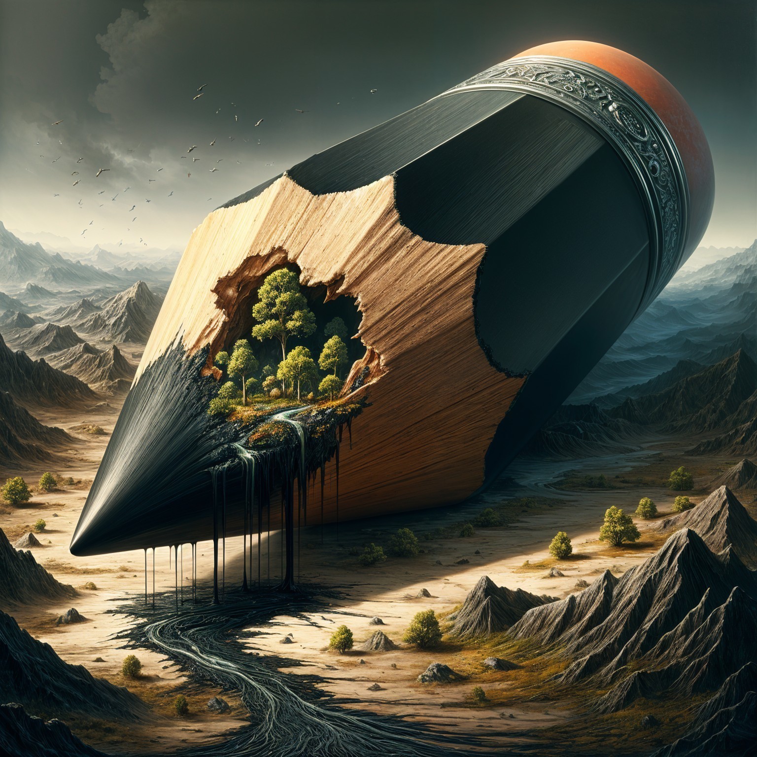 Giant Pencil Revealing Lush Landscape and Ink River
