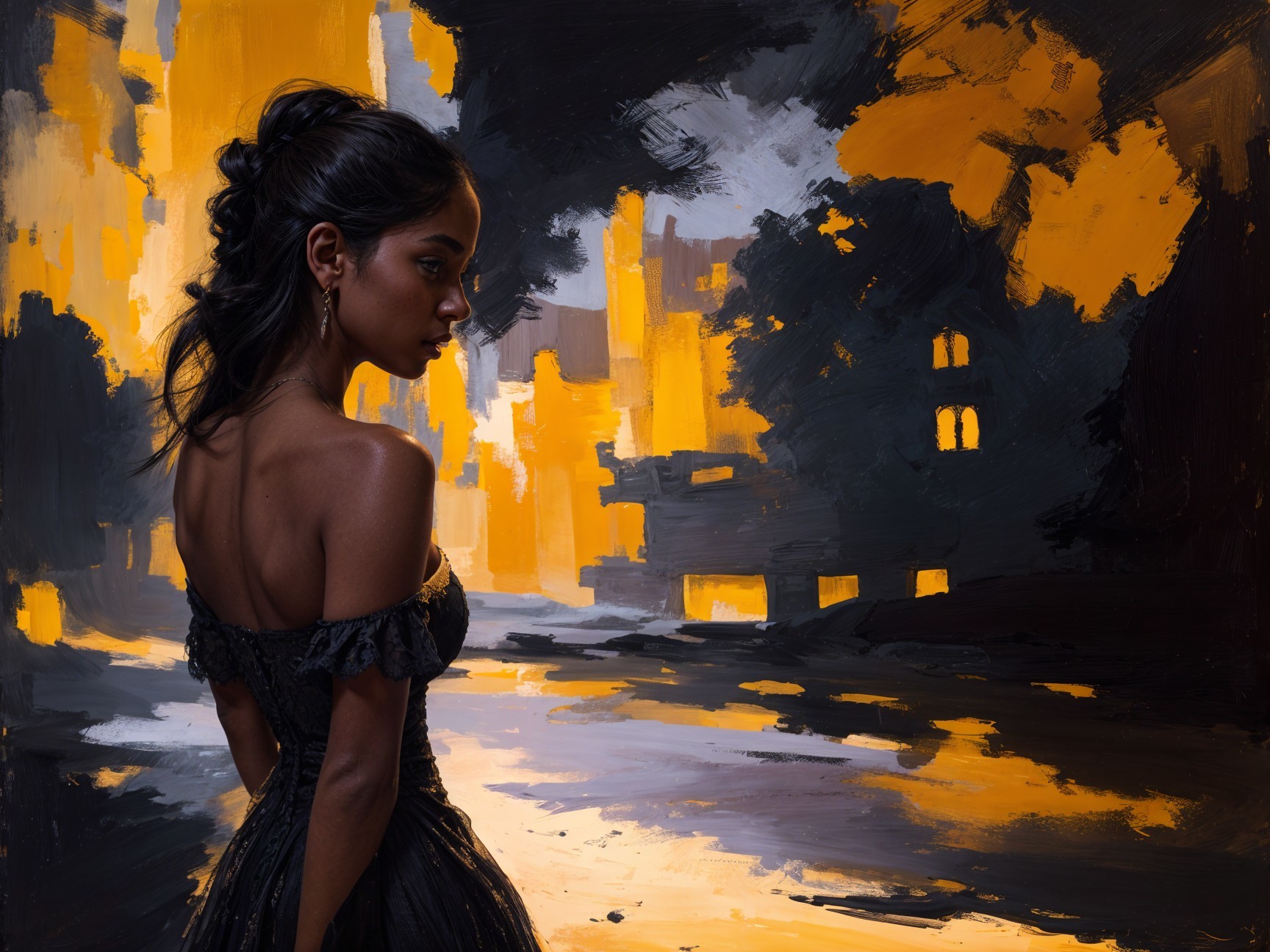 Profile of a Woman in Abstract Orange and Black Swirls