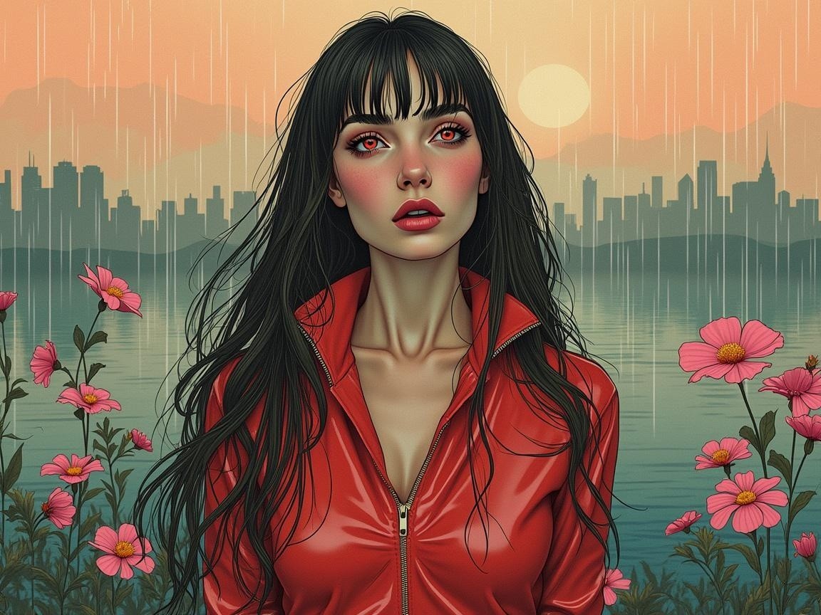 Portrait of a Woman with Red Eyes by a Lakeside at Sunset