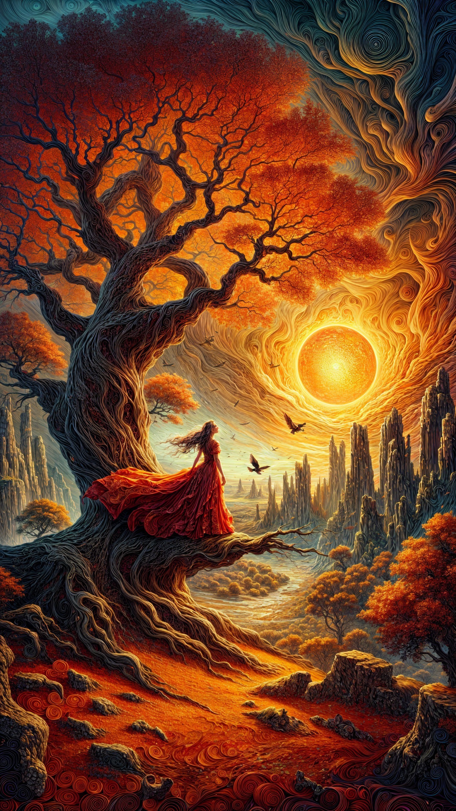 Mythical Landscape with Towering Tree and Sunset