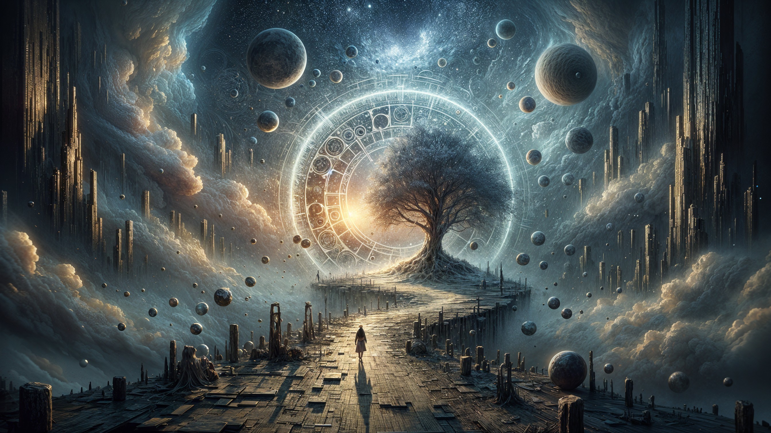 Solitary Figure Walking Towards Majestic Tree Under Stars