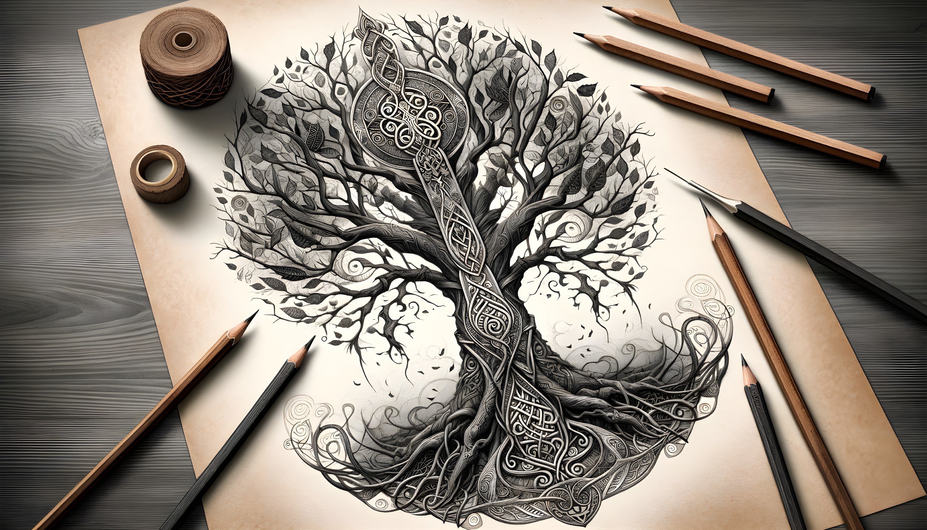 Intricate Celtic knot tree drawing on paper with pencils and string