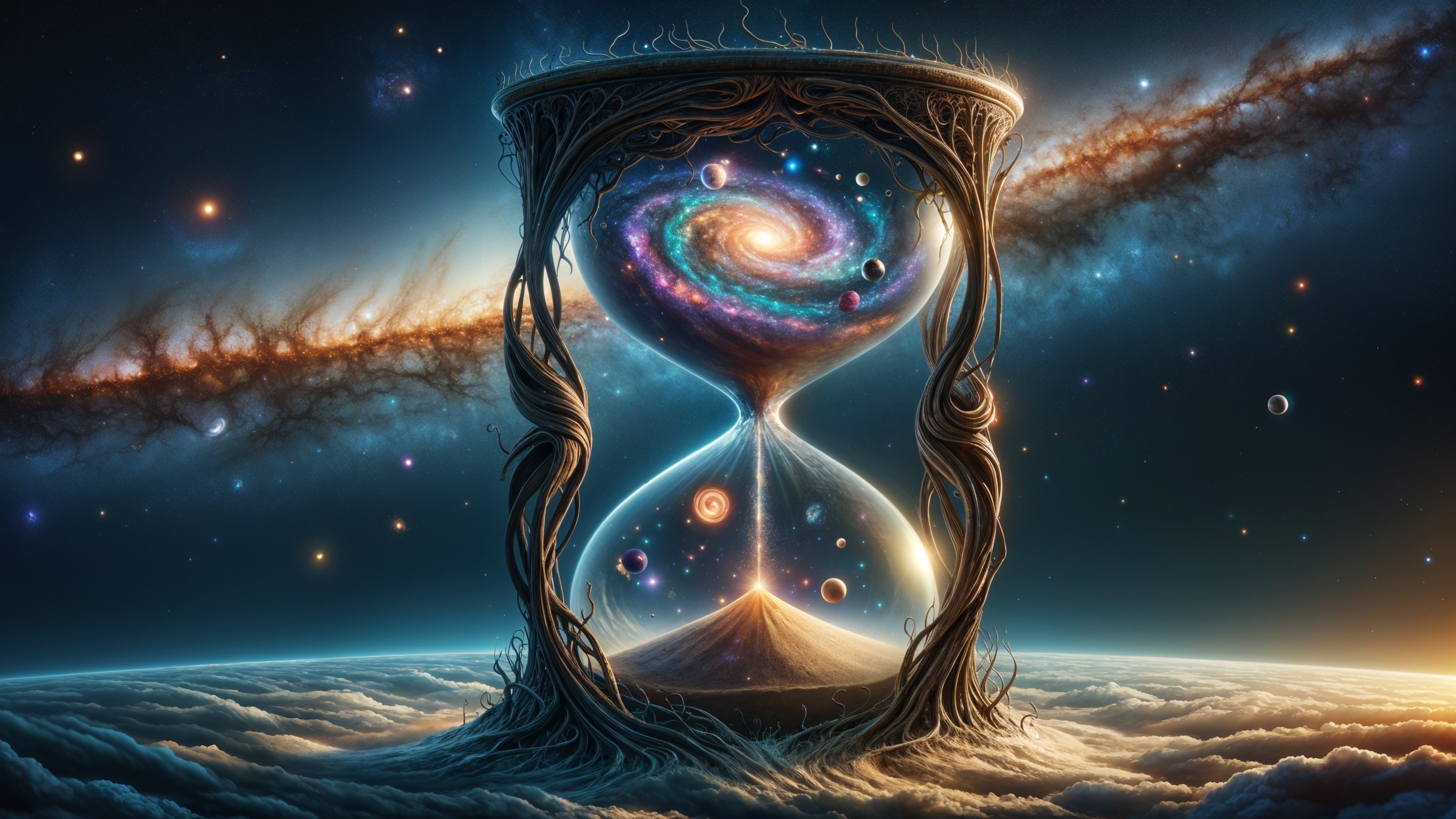 Ethereal Hourglass with Spiral Galaxy and Celestial Bodies