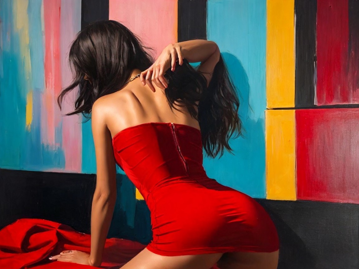 Woman in red dress against vibrant abstract backdrop