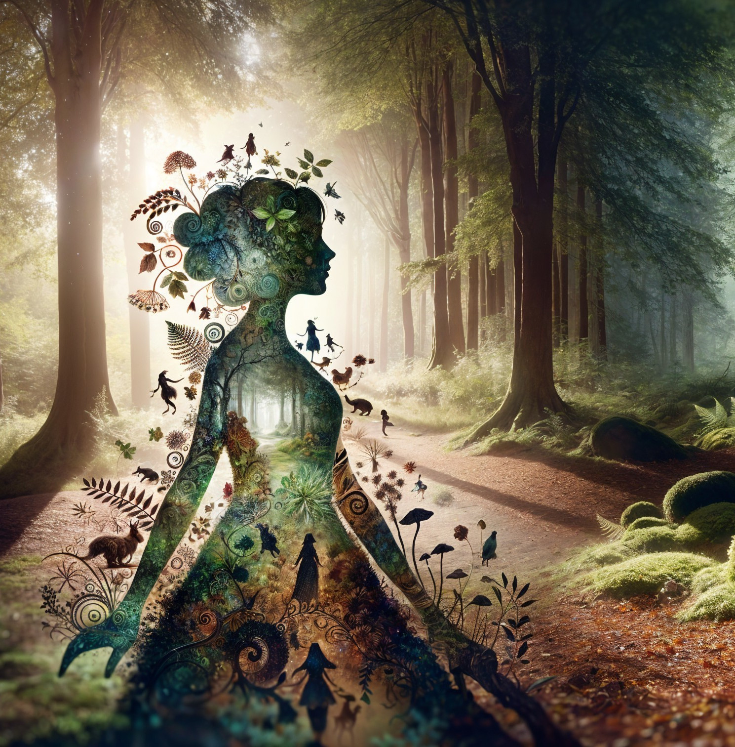 Silhouette of a woman in a vibrant forest scene