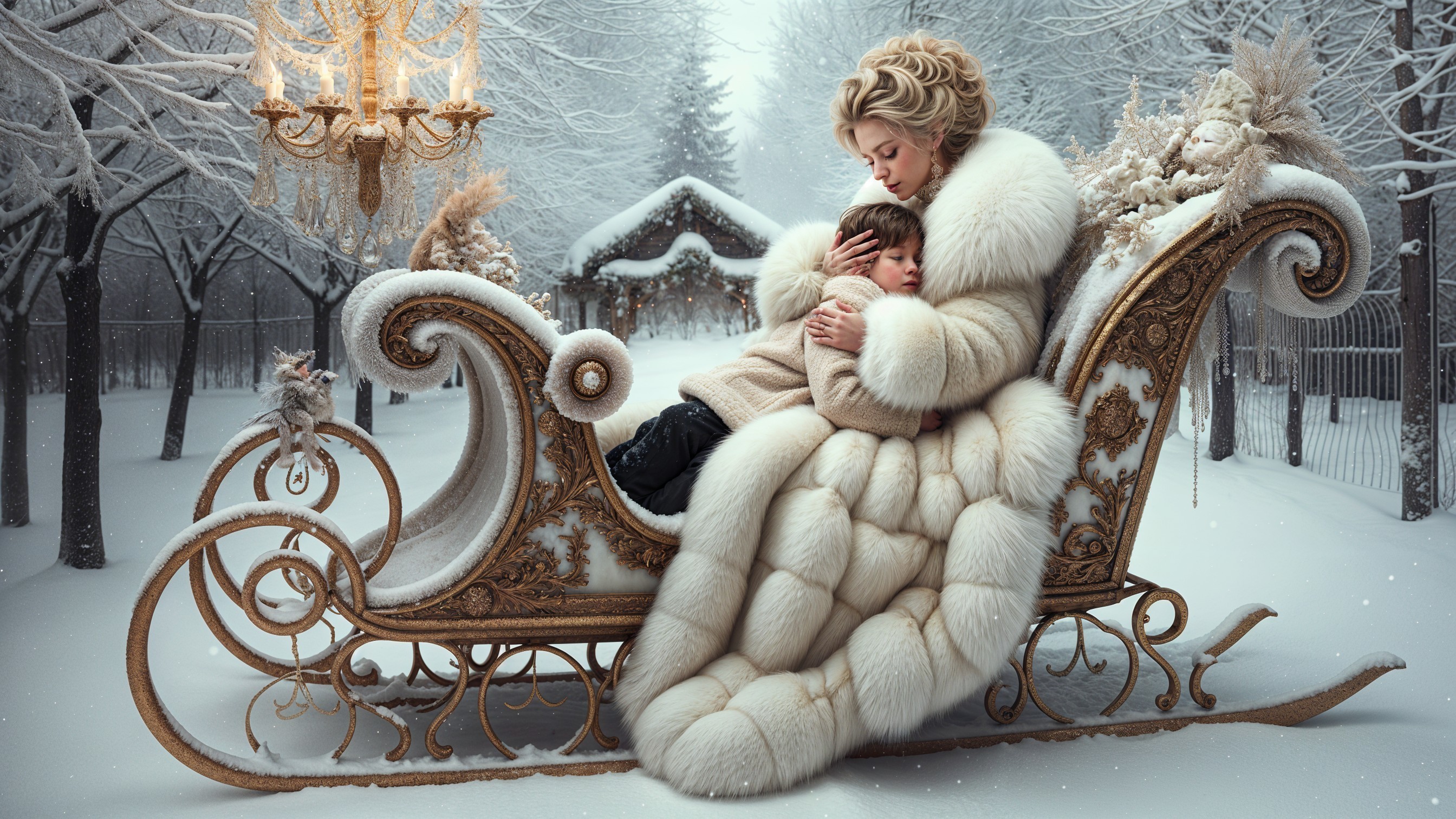 Winter Scene with Woman and Child on Gilded Sleigh