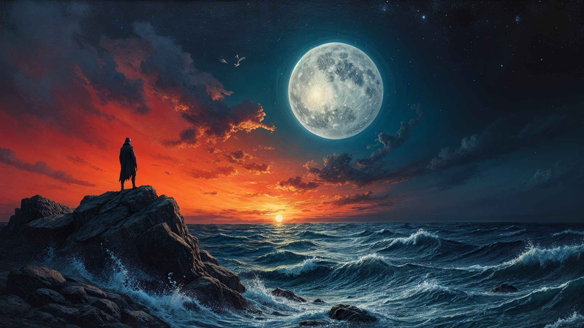 Twilight Seascape with Figure and Luminous Moon