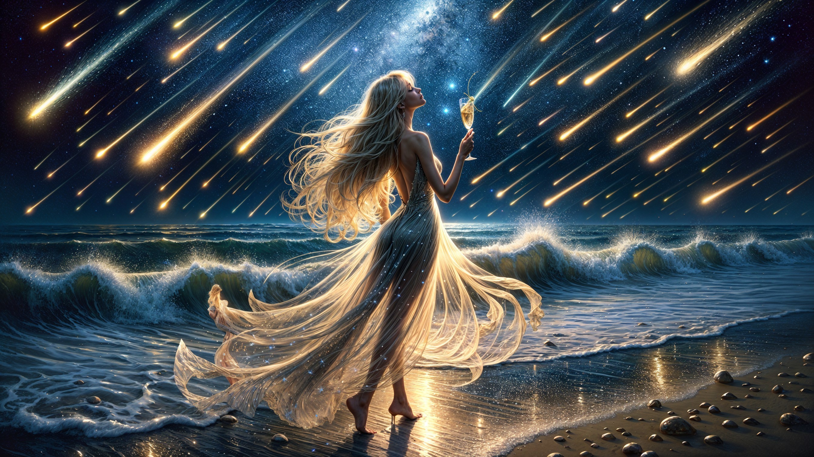 Ethereal Figure on Moonlit Beach with Shooting Stars
